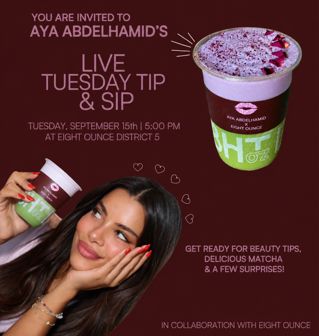 Aya Abdelhamid Live Tuesday Tip and Sip invitation