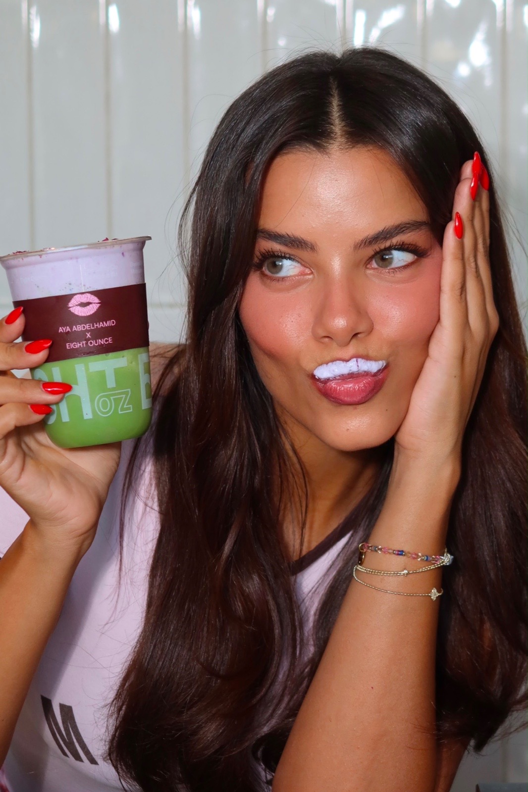 Aya with a matcha foam moustache